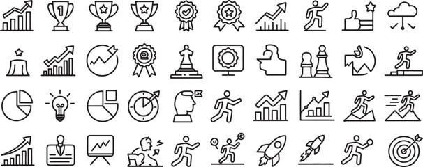 Fototapeta premium Business Growth Icons Set with Arrows, Trophies, Charts, Targets, and Running Figures in Clean Vector Line Style