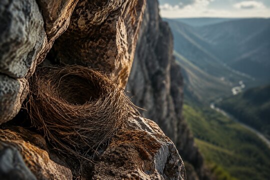 A bird's nest made of dry twigs nestled in a crevice of a steep cliff.