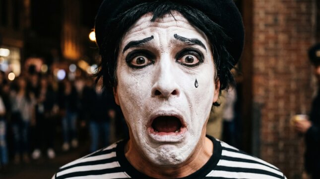 Close-up portrait of a shocked mime artist.