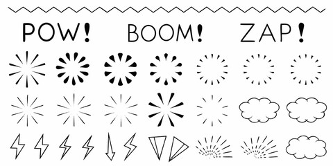 Comic book style Explosion And Lightning Bolt Line Art Collection © Tusar