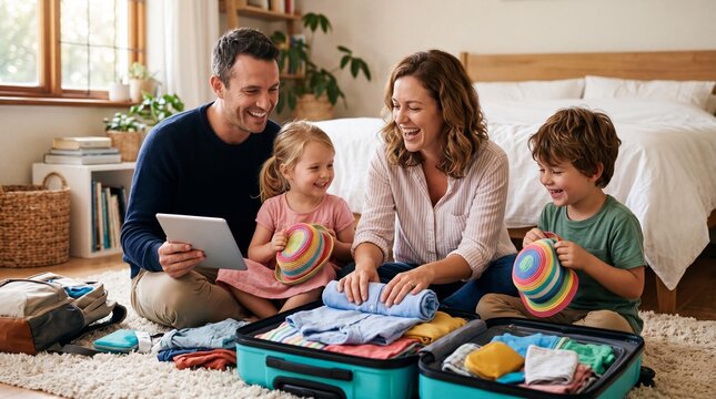 Happy family of four packing suitcases and planning a summer vacation at home