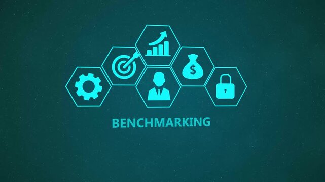 Benchmarking Business Infographic Animation with Performance Metrics Icons and Enterprise Analytics Network on Dark Background 4k visuals