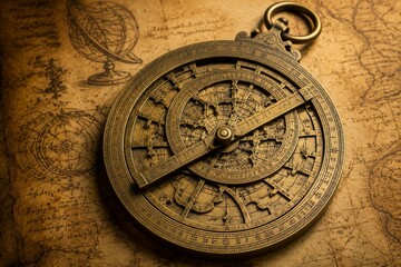 Naklejka premium astrolabe. An antique brass astrolabe rests on aged parchment among vintage scientific instruments. STEM education sheets.