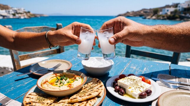Cheers with glasses of ouzo over a Greek meze lunch by the Mediterranean sea.