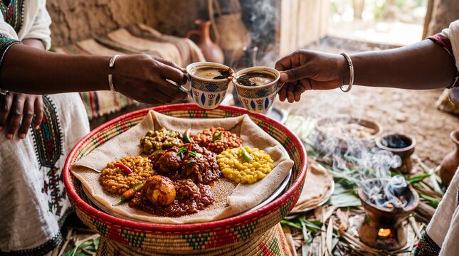 Ethiopian buna coffee ceremony and traditional injera feast with doro wat