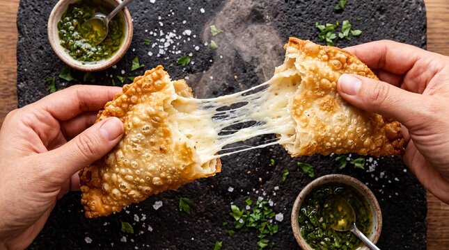 Hands pulling apart a hot crispy empanada with a long stretchy cheese pull