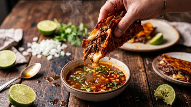 Hand dipping a cheesy quesabirria taco into hot consomme broth on rustic wood.