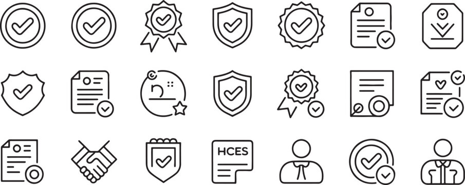Security Badge Icons Set with Check Marks, Shields, Documents, Clock, Handshake, and User Protection Concepts