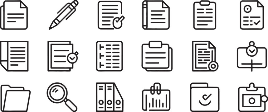 Document Icons Set with Black Outline Vector Files, Folders, Magnifier, Checklist, and Pencil for Office Workflow