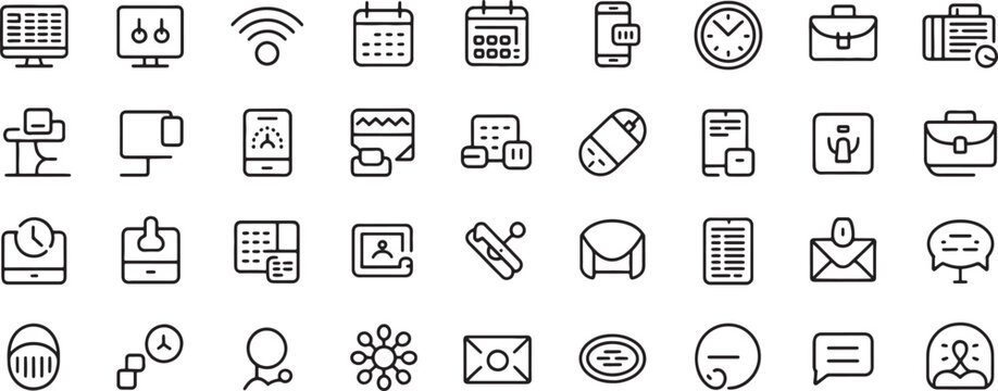 Icons Set with Communication and Calendar Symbols for Office Productivity, Wireless Connectivity, Mail, and Documents