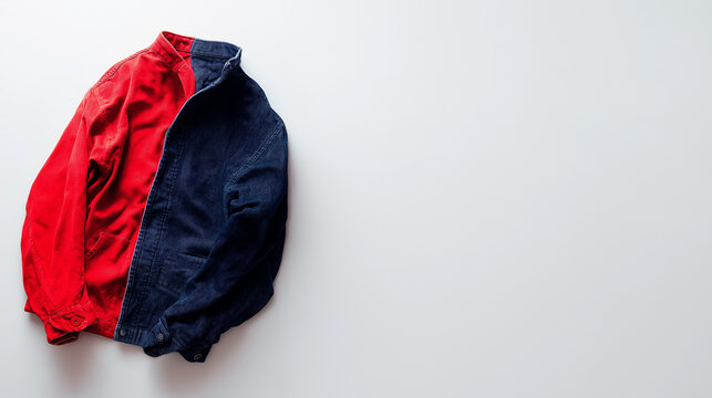 reversible. A reversible jacket lying on a plain surface, one side blue and the other red. lifestyle magazines, social media lookbooks, designed for lifestyle magazines and social media content.