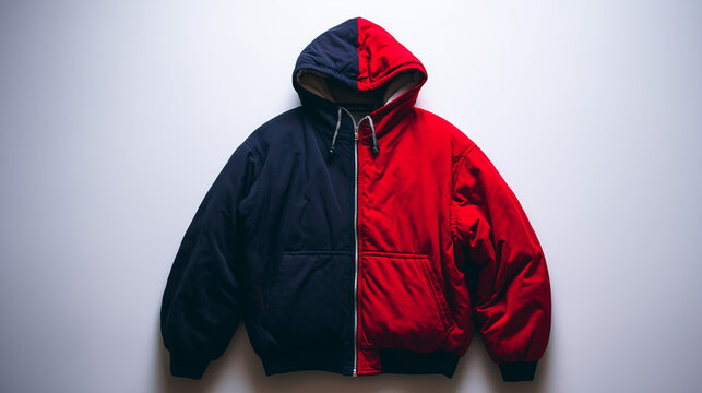 reversible. A reversible jacket lying on a plain surface, one side blue and the other red. lifestyle magazines, social media lookbooks, designed for lifestyle magazines and social media content.