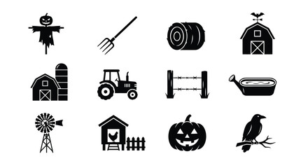 Set of black farm and harvest icons featuring scarecrow tractor barn pumpkin and rural equipment © Mufti