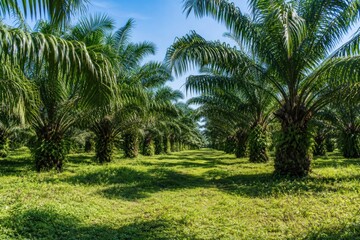 Fototapeta premium Oil palm plantation rows growing under bright blue sky in tropical agricultural field, sustainable agriculture concept, wide-angle view