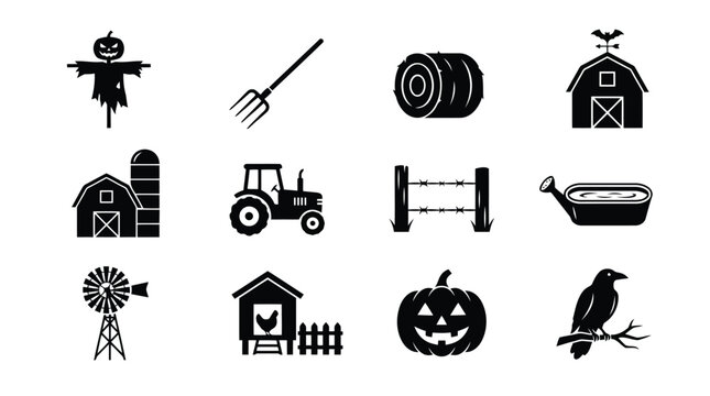 Set of black farm and harvest icons featuring scarecrow tractor barn pumpkin and rural equipment