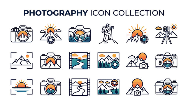 Photography Icon Collection: Cameras, Landscapes, Sunsets, and Mountains