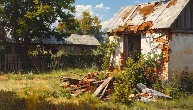 A dilapidated, weathered building with a collapsed roof and exposed brick sits in a field. Another structure rests in the distance