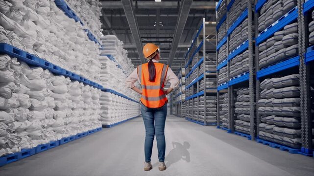 Full Body Back View Of A Female Engineer Wearing Safety Helmet Looking Around While Standing With Arms Akimbo at Warehouse Storage with Stacked White Sacks