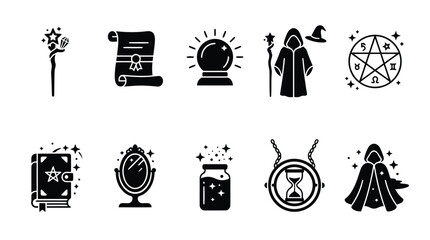 Set of black and white magic and wizard icons featuring crystals scroll crystal ball and spell book © Shahriar