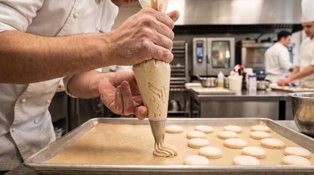 Chef's hands meticulously piping macarons onto a baking sheet in a professional kitchen