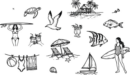 Hand drawn beach vacation including people drinks and tropical island scene © MDSHAHIN