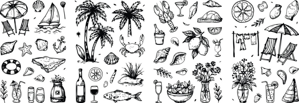 Hand drawn beach vacation and summer food drinks travel holiday