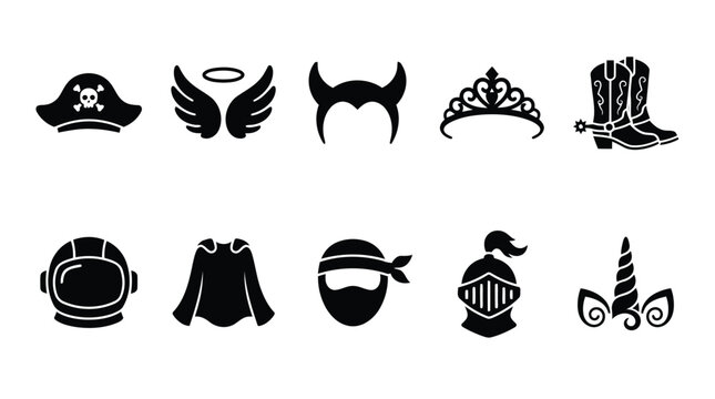 Set of black costume and character icons including pirate hat wings devil horns and space helmet