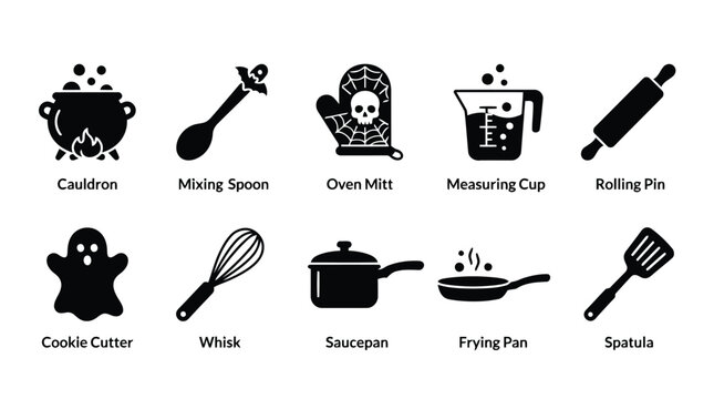 Set of ten black halloween kitchen cooking utensils and baking tools icons for festive food design