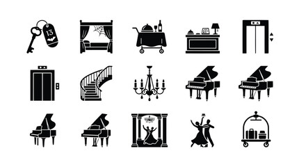 Set of black hotel and luxury interior icons including piano staircase elevator and room service © Ronju