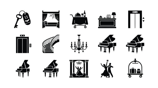 Set of black hotel and luxury interior icons including piano staircase elevator and room service