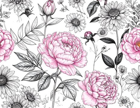 Pink and black floral pattern with peonies and daisies