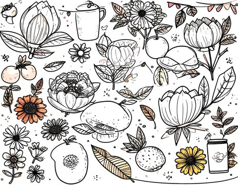 Hand Drawn Floral Elements and Fruits Collection