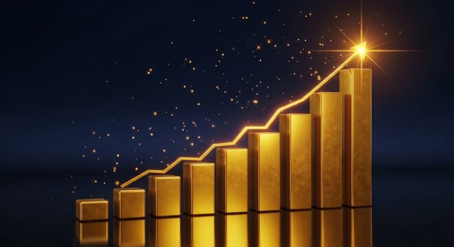 Golden upward trending bar graph illustration against starry space background