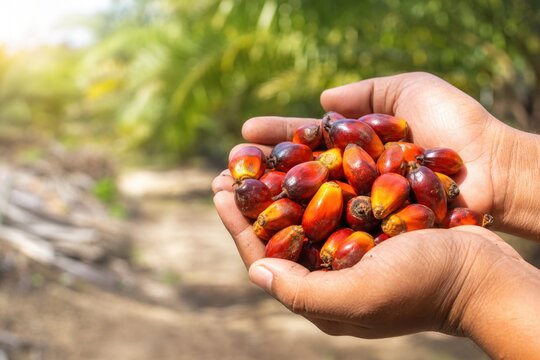 Palm oil fruits held in cupped hands of farmer during harvest at plantation, close-up shot with warm natural sunlight and blurred green background