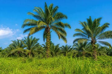 Fototapeta premium Oil palm trees growing in tropical plantation under bright blue sky, agricultural landscape, sustainable farming concept.