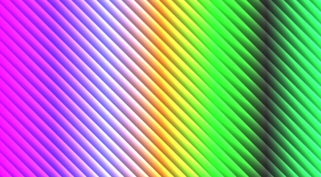 Diagonal striped pattern with a vibrant rainbow gradient, transitioning from magenta and purple to yellow, green, and dark gray shadows