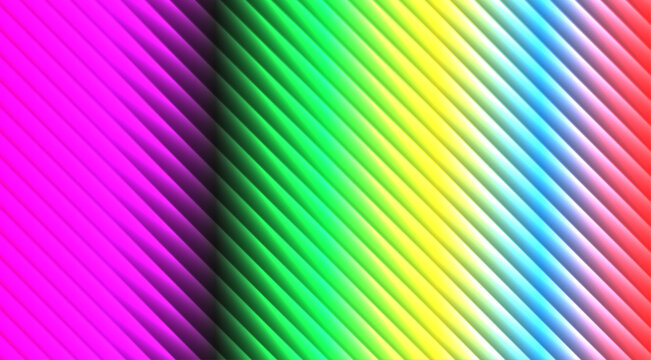 Diagonal striped pattern with rainbow gradient, multicolored parallel lines and soft drop shadows on a vibrant spectrum background