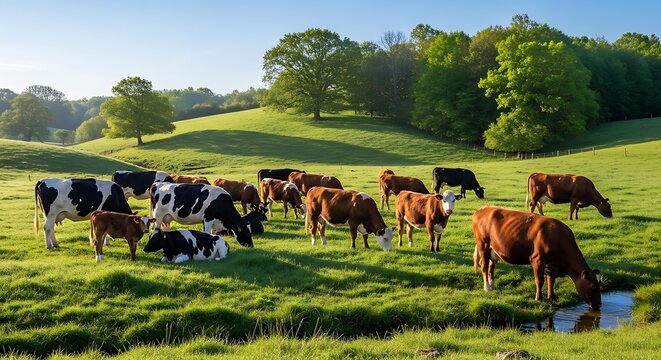Herd of cows grazing on green grassy hillside in sunlight.
