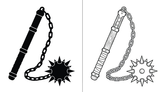 Flail Weapon Silhouette and Outline with a Spiked Ball Connected to a Handle by a Chain