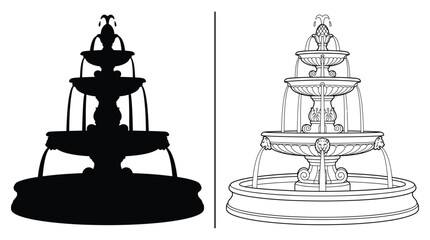 Fountain Three-Tiered Outdoor Water Feature in Solid Black Silhouette and Detailed Outline Versions © Hridoy