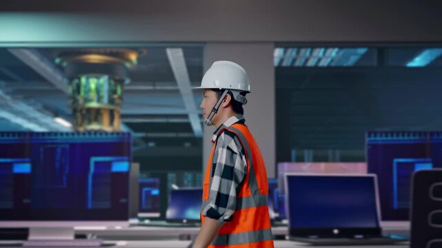 Side View of Asian Male Engineer Walking at Futuristic Quantum Computer Data Center Control Room