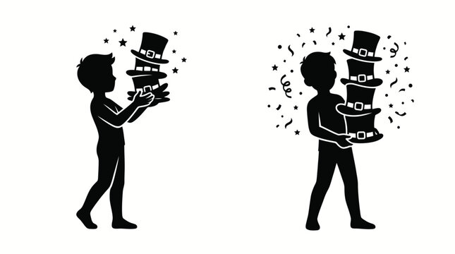 Children Silhouettes Playing with a Stack of Magic Hats, Surrounded by Falling Confetti and Stars, a Whimsical Design.