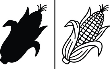 Obraz premium Corn Cob and Silhouette Set with Natural Agriculture Food Product or Sweetcorn Isolated Outline