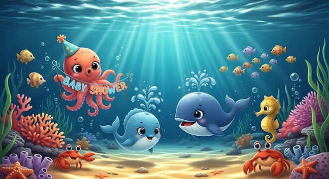 Colorful underwater scene with cartoon sea creatures and coral.