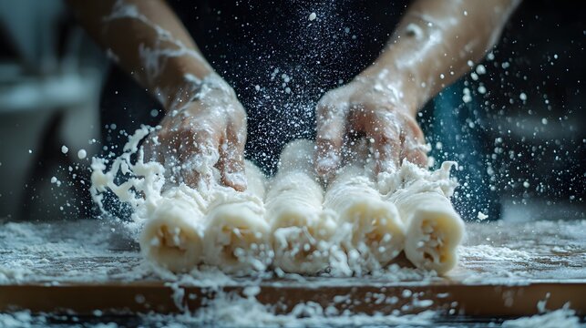 Close up of hands shaping dough into logs with flour dusting in motion capturing the tactile process of baking preparation against a dark background emphasizing texture and craftsmanship.