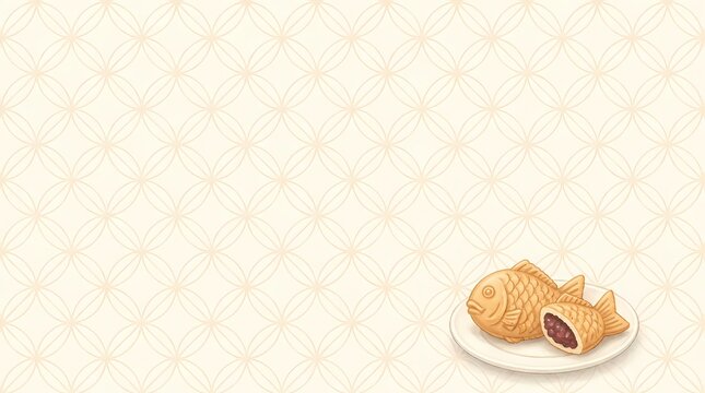 淡いアイボリーの七宝柄背景にたい焼きを添えた和モダンな余白背景素材