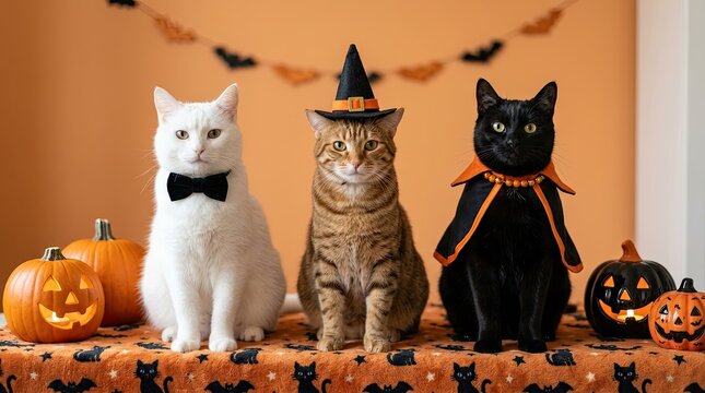 Three cats in halloween costumes with pumpkins and decorations