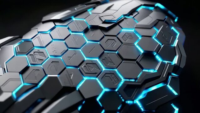 Spherical hexagonal panels with glowing blue edges and engraved symbols