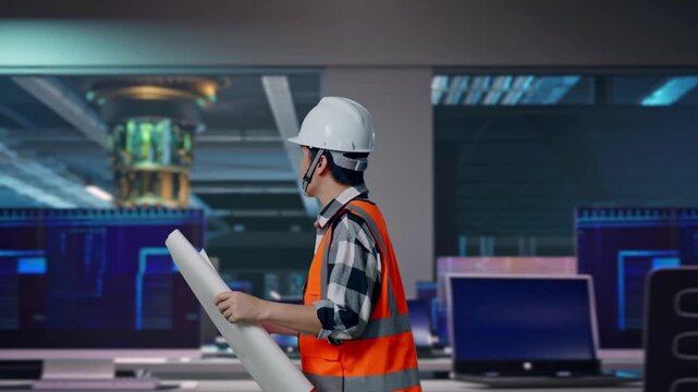 Side View of Asian Male Engineer Looking At Blueprint In His Hands While Walking at Futuristic Quantum Computer Data Center Control Room