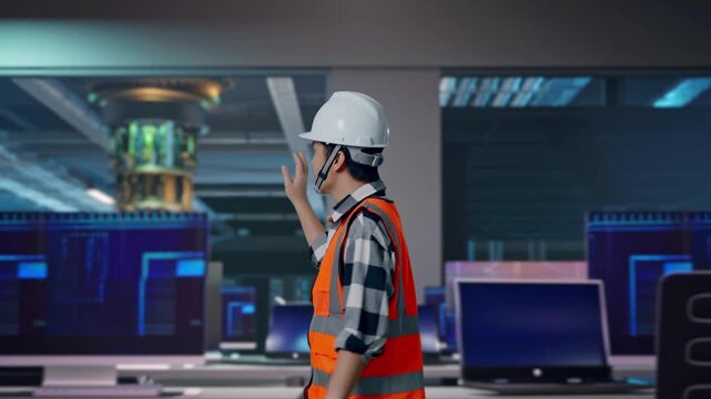 Side View of Asian Male Engineer Waving Hand Saying Bye While Walking at Futuristic Quantum Computer Data Center Control Room